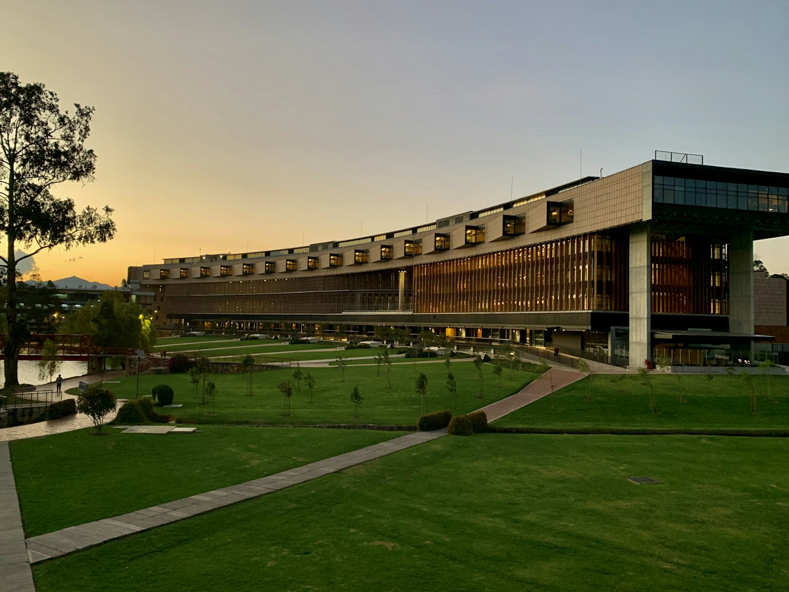 해질 무렵 잔디밭 너머로 불이 켜진 대학 캠퍼스의 긴 건물