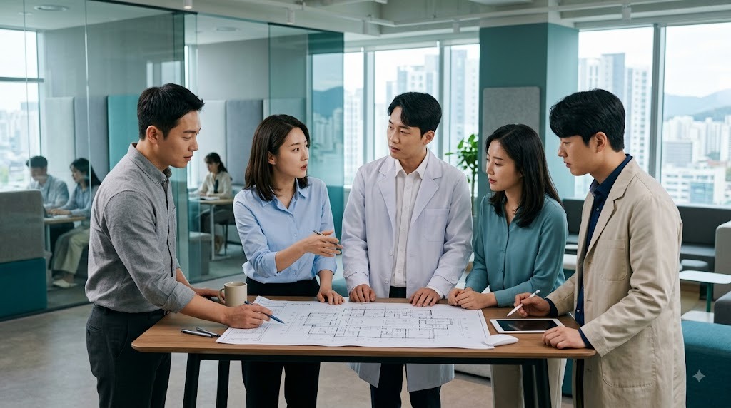 회로 도면을 함께 검토하는 설계·양산 담당자