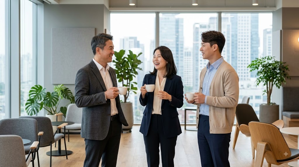 사내 라운지에서 이야기를 나누는 임직원