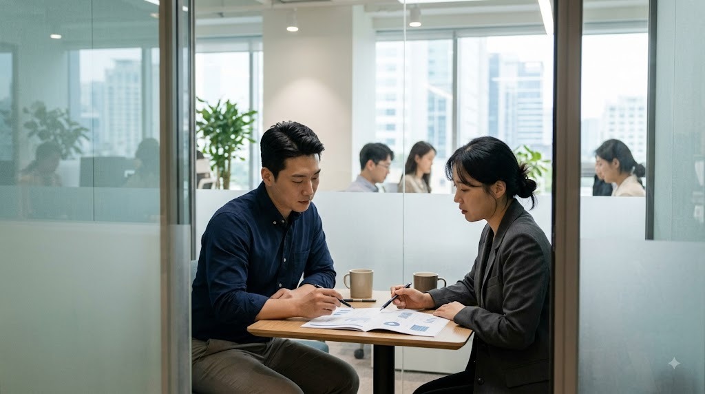 회의실에서 면담을 진행하는 참석자들