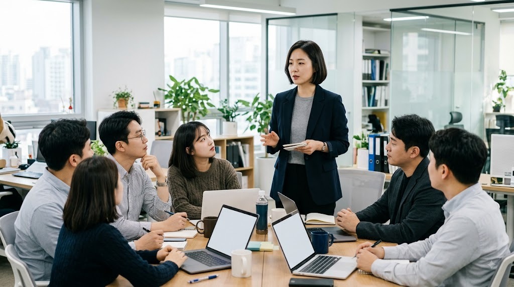 흰 가운을 입은 연구원 세 명이 태블릿 화면을 보며 논의하는 모습