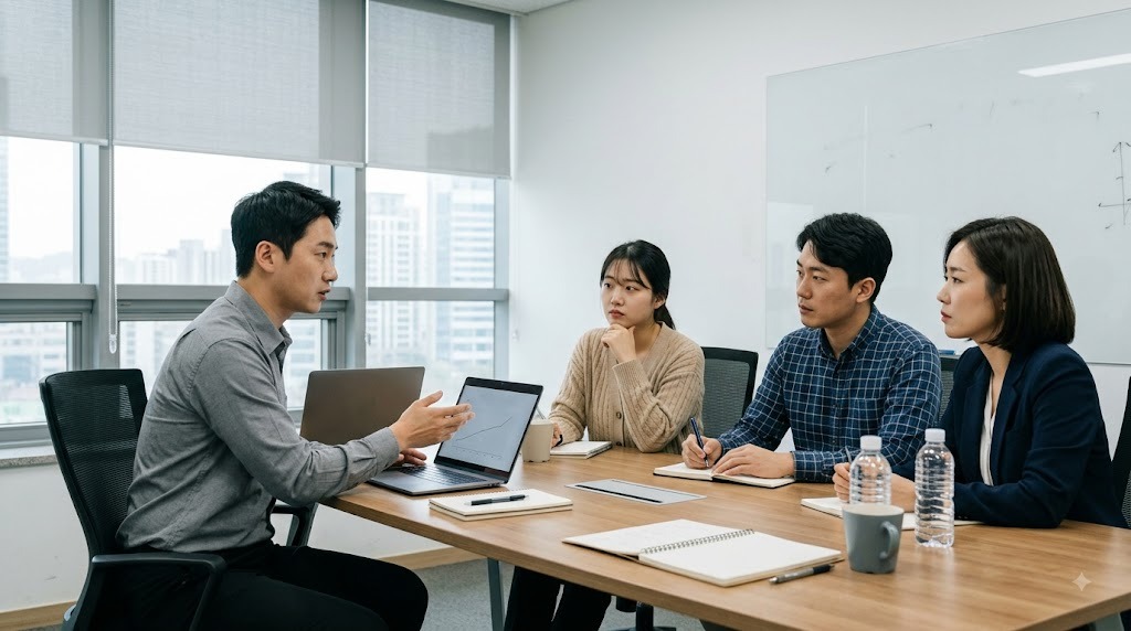 조리복과 앞치마를 입은 조리사가 주방 작업대에서 조리하는 모습