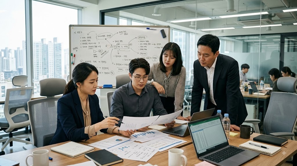 위생모와 마스크를 착용한 작업자가 설비 앞에서 작업 상태를 확인하는 모습