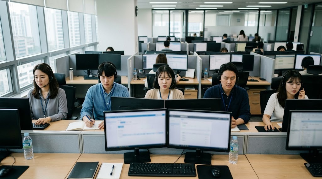 흰 가운을 입은 연구원이 현미경을 보며 기록하고 뒤편에서 동료가 작업하는 실험실