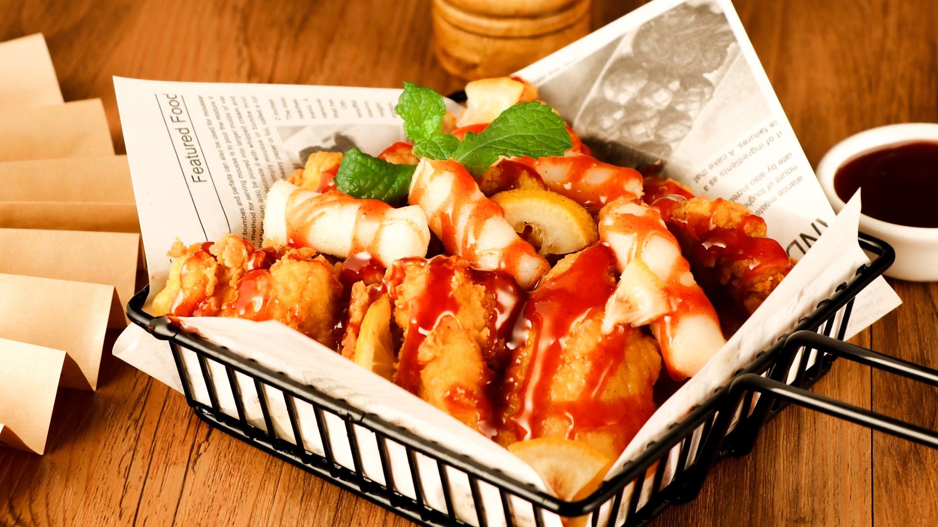 바스켓에 담긴 소스를 뿌린 치킨