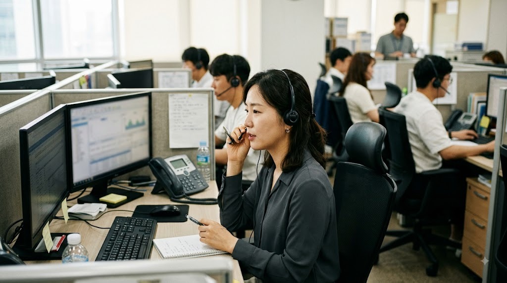 헤드셋을 쓰고 통화하며 웃고 있는 상담원과 동료들