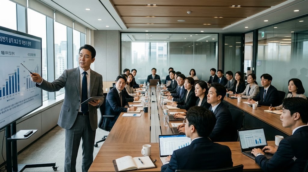 회의실에서 화면에 자료를 띄우고 발표하는 사람과 앉아서 듣는 동료들