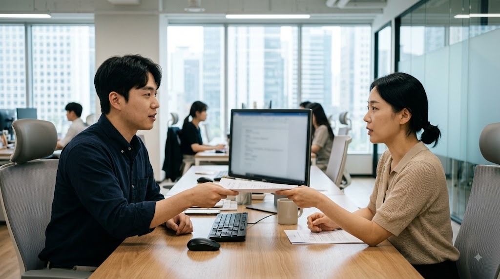 사무실 책상에서 서류를 주고받으며 이야기하는 두 사람