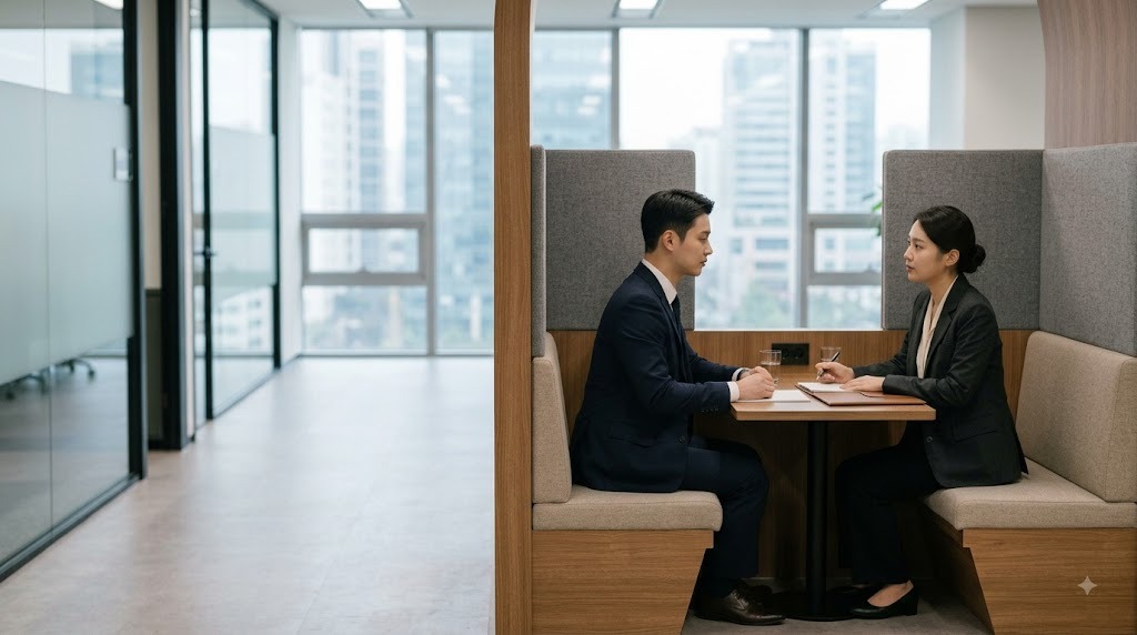 소파에 마주 앉은 고객과 상담원이 대화하는 장면