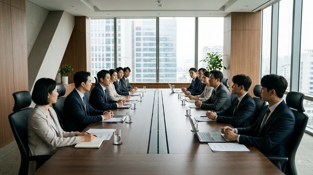 긴 회의 테이블에 둘러앉아 노트북을 놓고 회의하는 직원들
