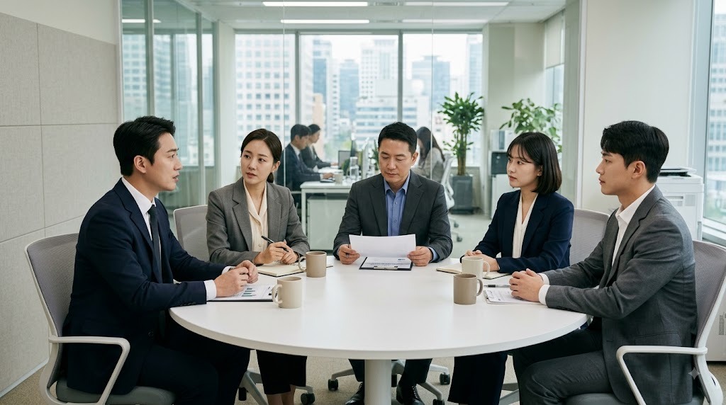 회의실에서 음료를 놓고 논의하는 다섯 명