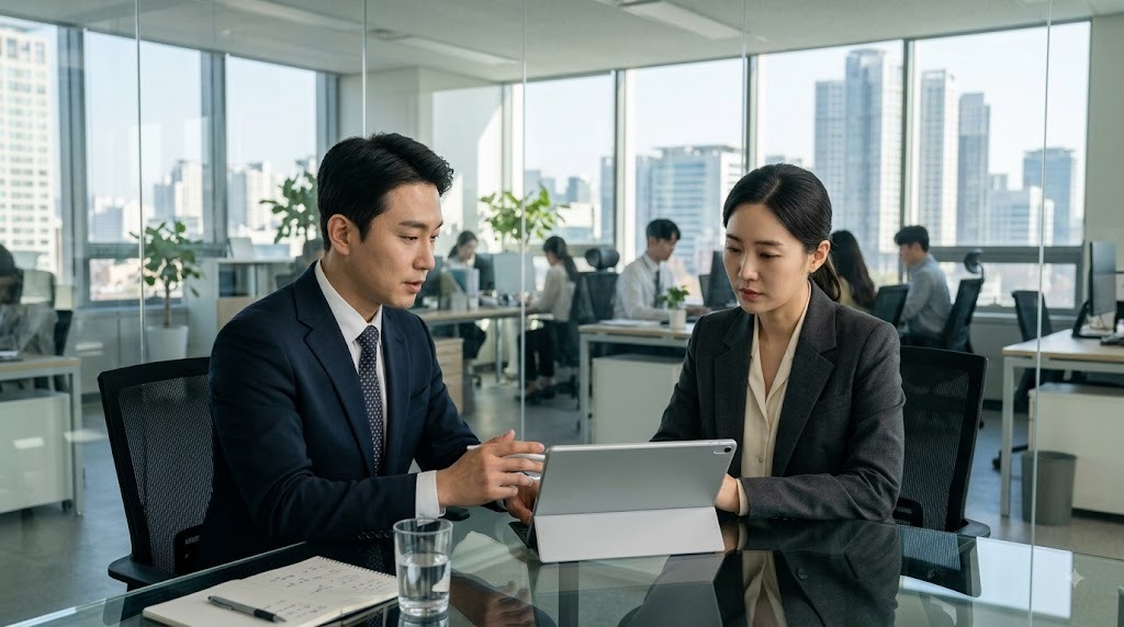태블릿을 보며 상담하는 두 사람