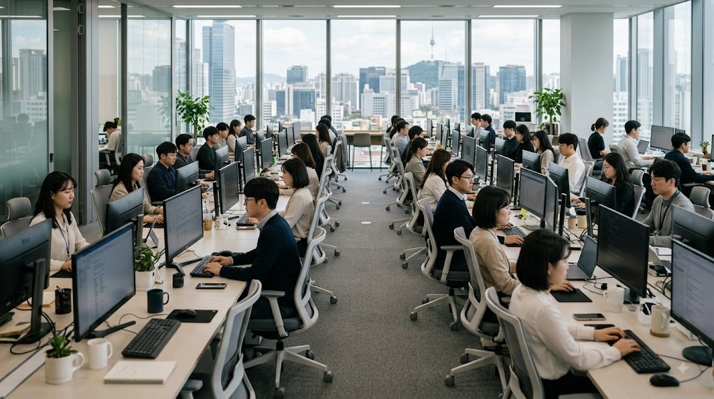 화이트보드 앞에서 노트북 화면을 함께 보는 다섯 명