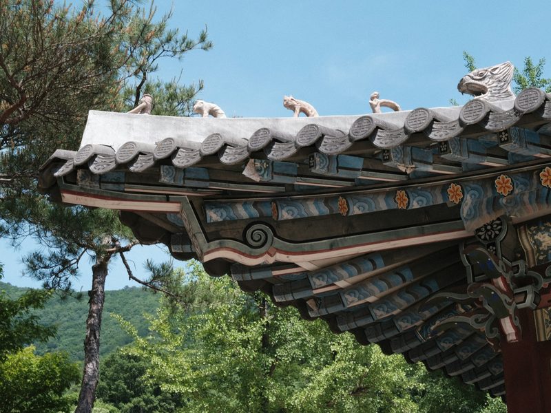 안개 낀 산자락을 배경으로 단청이 남은 기와 누각의 처마